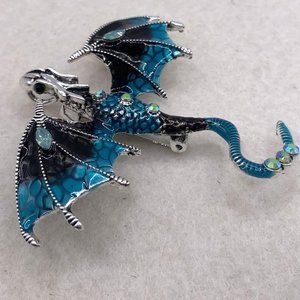 New Enamel & Rhinestone Dragon Brooch Pin Pendant 2.75"x2.5" Blue Silver